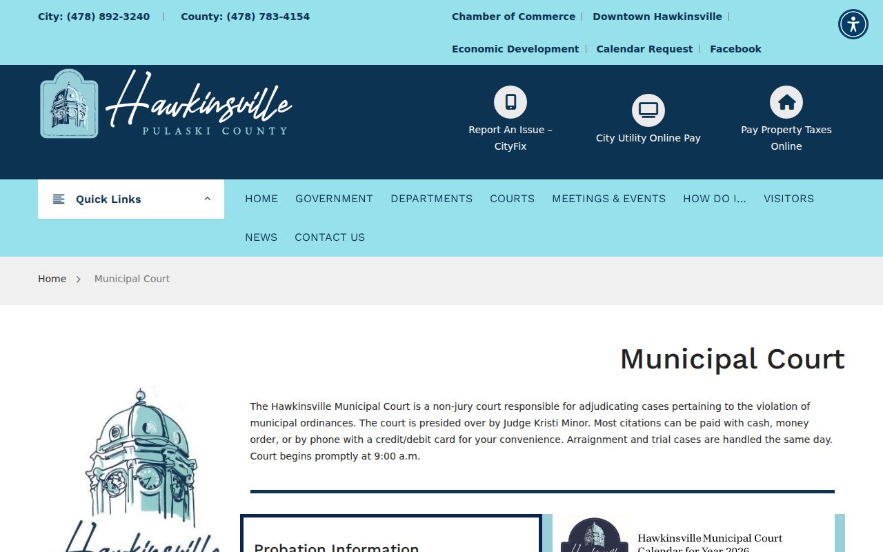 Hawkinsville criminal records information on the Municipal Court page