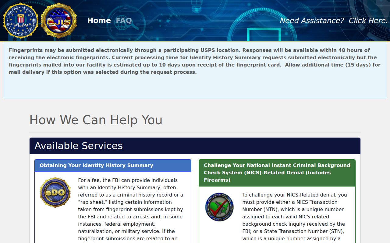 Pulaski County resident FBI criminal history request interface